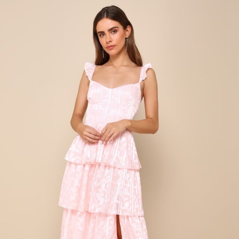 Lulus Stunning Glory Light Pink Floral Jacquard Tiered Maxi Dress - Size S